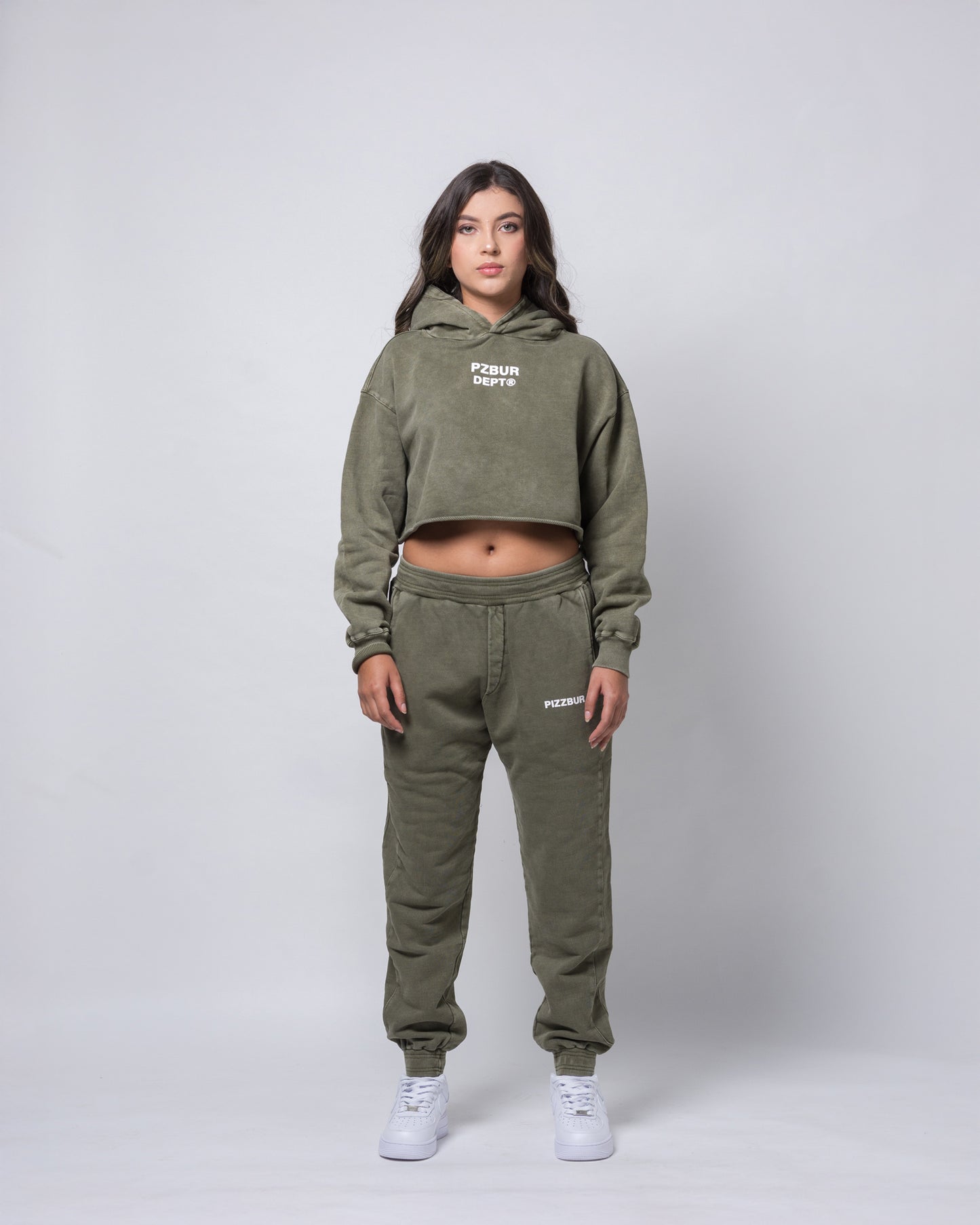 Dept Cropped Hoodie Alta - Verde Oliva Acid Wash