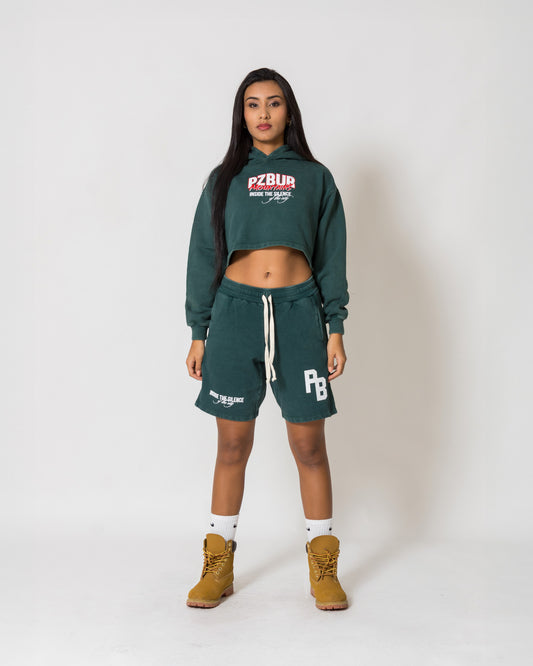 Cropped Hoodie Mountains - Pine green acid wash