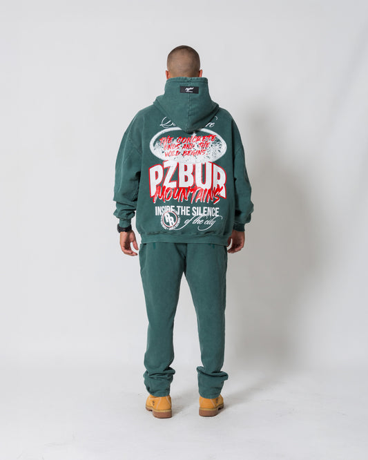 Hoodie Mountains - Pine green acid wash